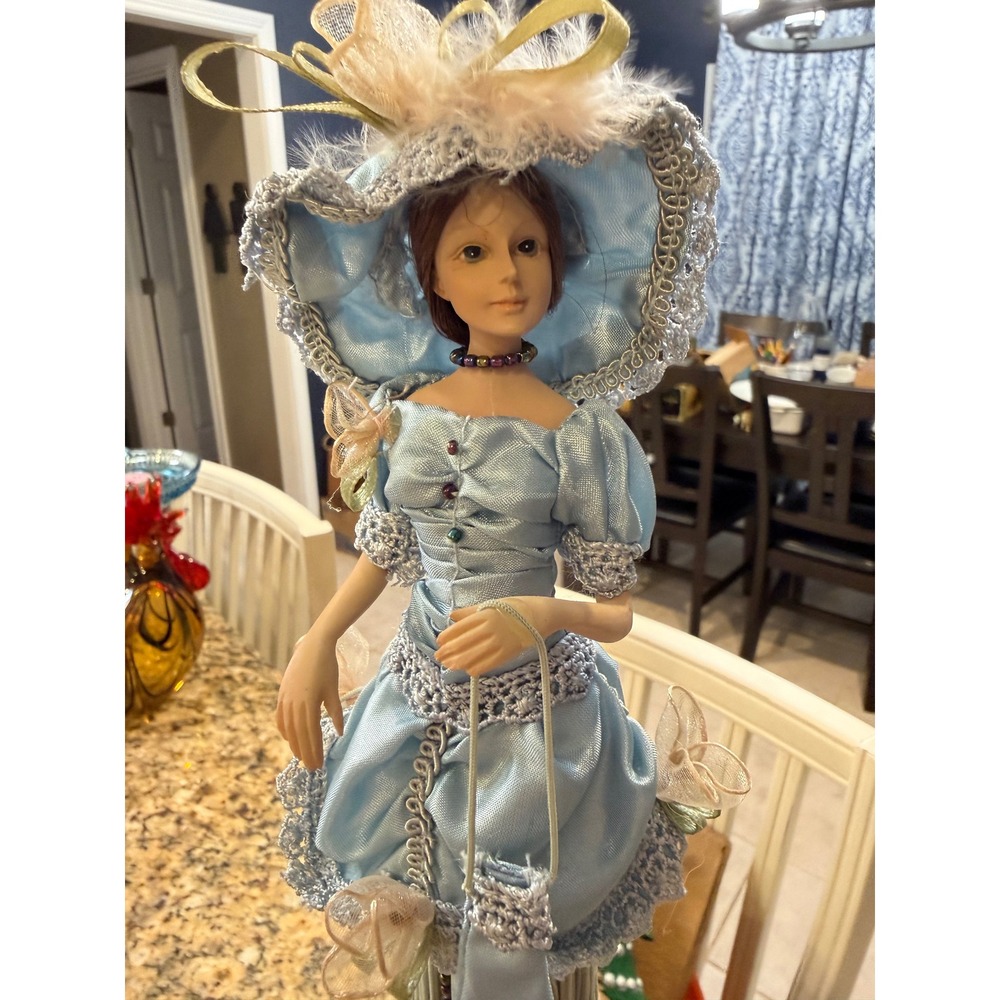 Vintage Style Porcelain Tassel Doll Light Blue Satin Victorian Gown 14.5 Inch
